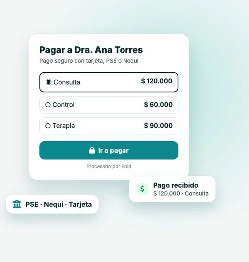Payment page from the vCard with card, PSE or Nequi and the payment received notice