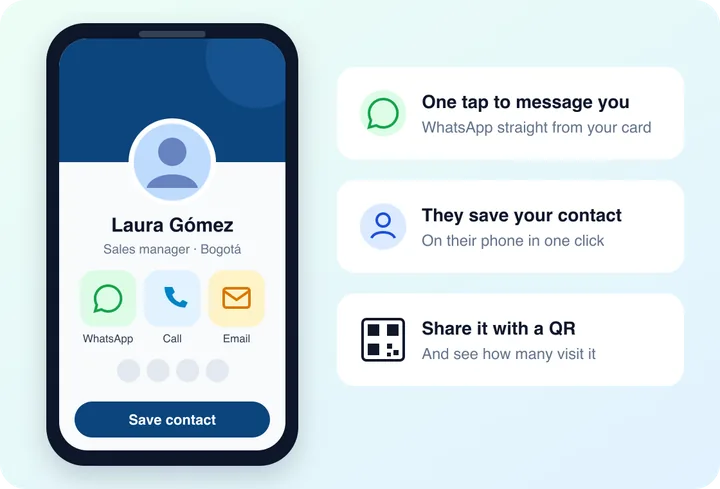 A vCard on a phone with buttons to message on WhatsApp, save the contact and share the QR