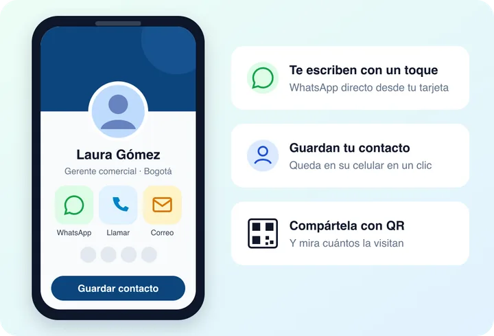 Una vCard en el celular con los botones para escribir por WhatsApp, guardar el contacto y compartir el QR