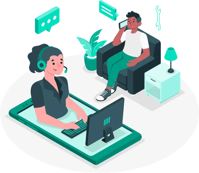 Team serving customers from the computer
