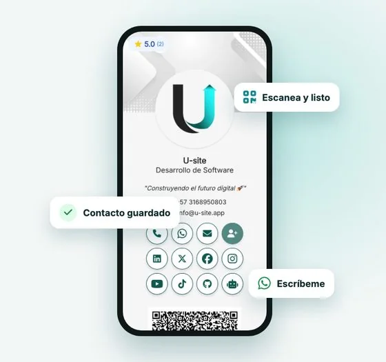 A vCard on a phone with notices for scanning the QR, contact saved and messaging on WhatsApp
